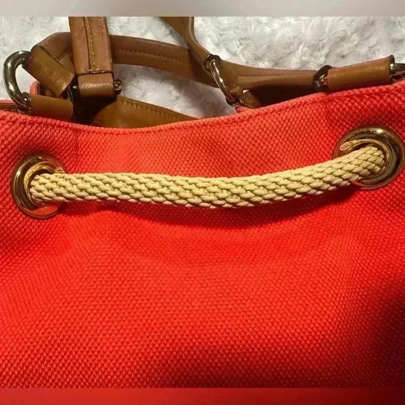 MICHAEL KORS Marina Canvas Drawstring Shoulder Bag Red Orange - Picture 2 of 14